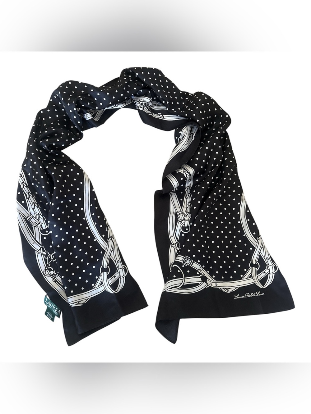 Lauren Ralph Lauren navy blue white polka dot equestrian silk rectangle scarf